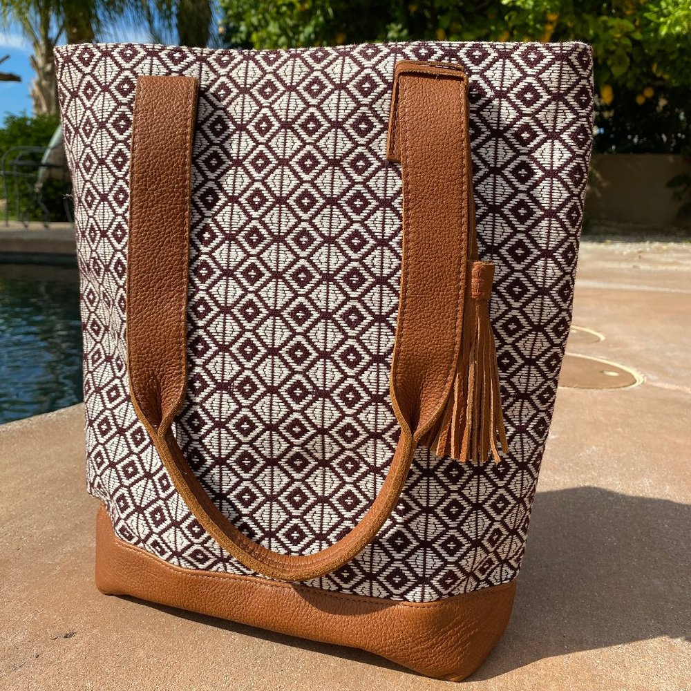 New Handmade Brown White Woven & Leather Tote Bag
